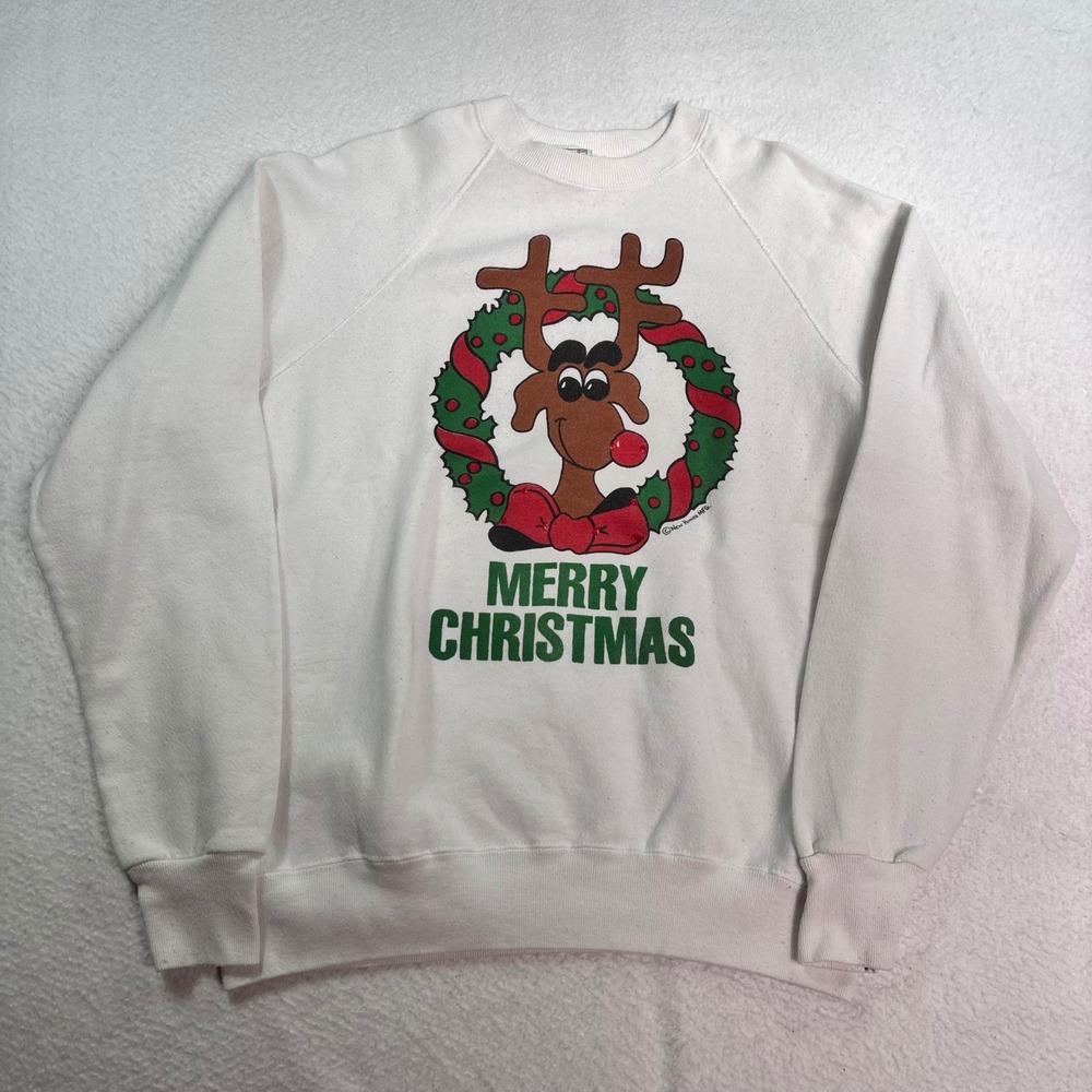 Lee Merry Christmas Reindeer Graphic Sweatshirt XL Vintage USA White